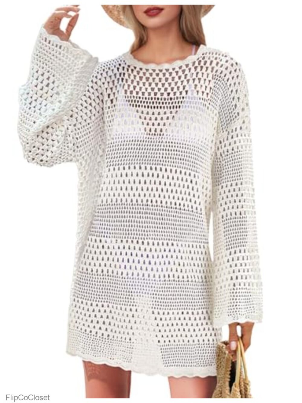 Crochet Cover Up Women Long Sleeve Mesh Knit Beach Swim Coverup Mini Dress